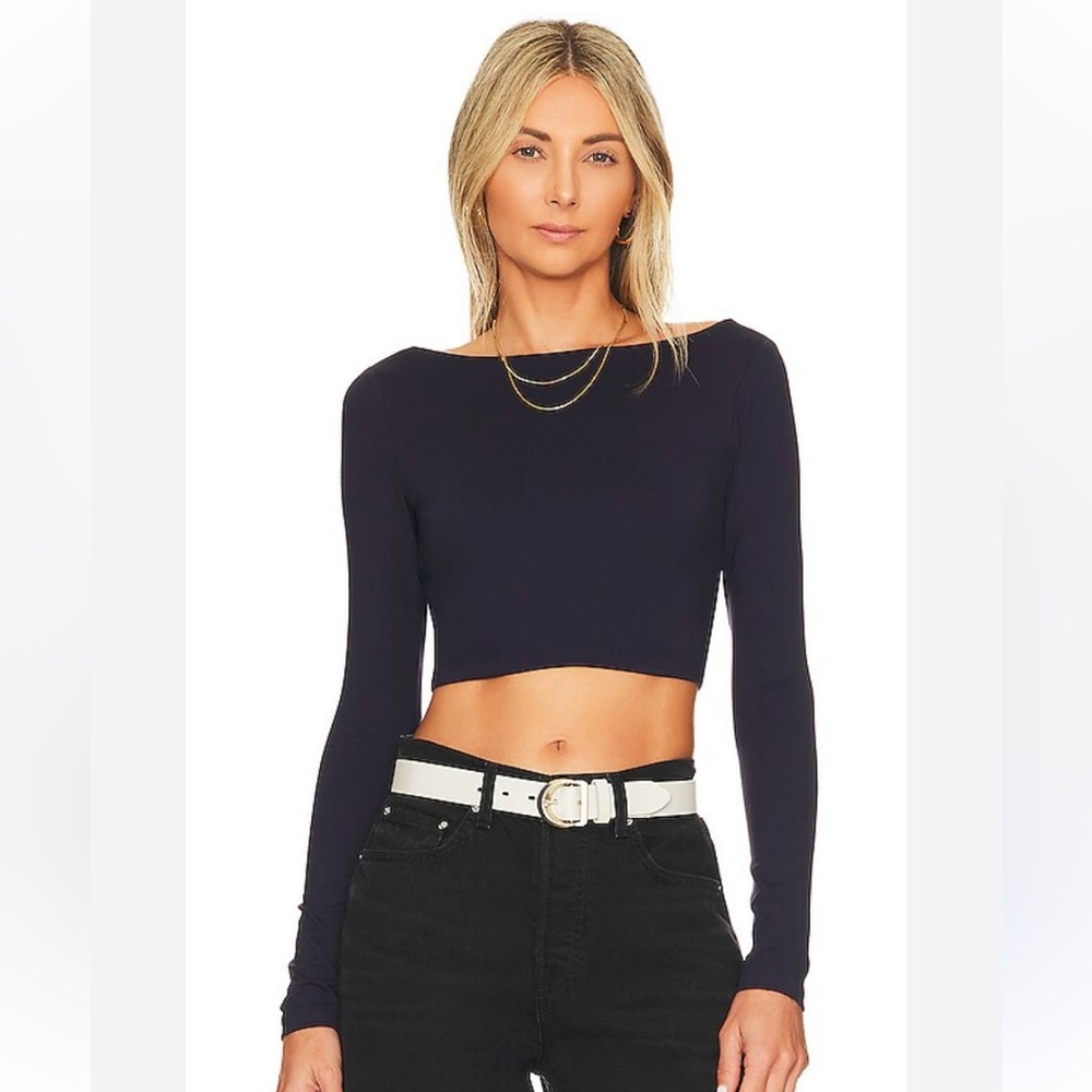 Elegant Navy Long Sleeve Crop Top